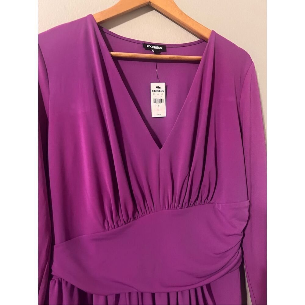 Express L Draped V-Neck Strong Shoulder Mini Dress Magenta Purple Asymmetrical - Picture 5 of 9